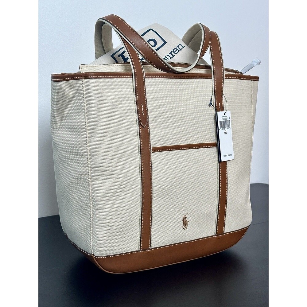 NWT Polo Ralph Lauren Women's Leather-Trim Canvas Medium Shopper Tote Ecru/Cuoio - Picture 3 of 6